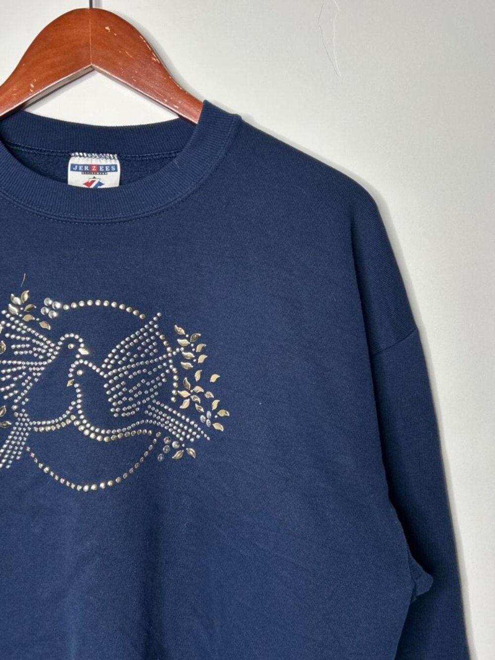 Jerzees Navy Blue Rhinestone Dove Crewneck Sweatshirt with White Dove Graphic - Picture 3 of 4